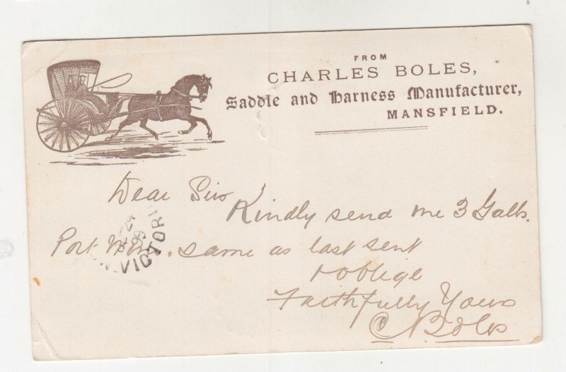 VICTORIA, 1899 Postal Card, Charles Boles, Horse & Carriage, 1d. 156, Mansfield