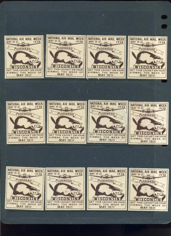 12 VINTAGE 1938 NATIONAL AIR MAIL WEEK POSTER STAMPS (L452) WISCONSIN BEAVERS!!!