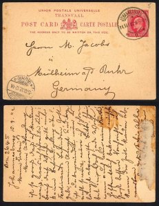 Transvaal 1902 1d stationery postcard to Germany JOHANNESBURG postmark