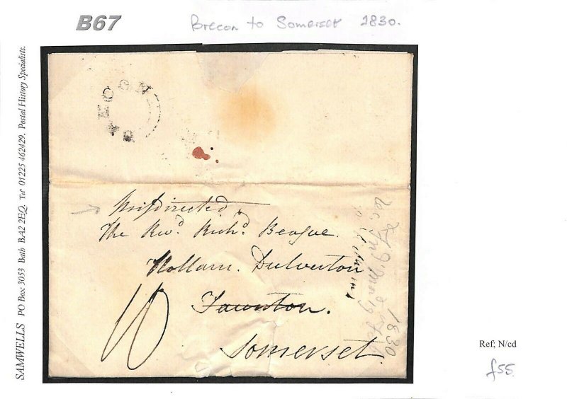 GB WALES Cover BRECON 1830 Hollam *Misdirected* Taunton Som {samwells}B67 