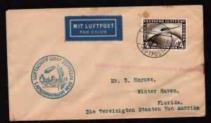 $Germany 1929 Zeppelin cover, interupted flight delay, Winter Haven FL