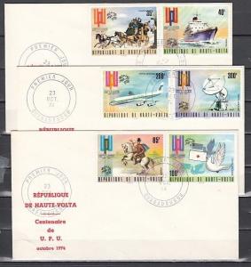 Burkina Faso, Scott cat. 332-334, C189-C191. U.P.U. Cent`y. 3 First day covers.