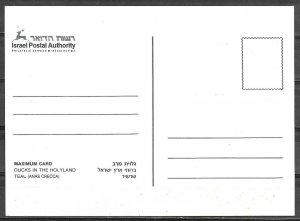 Israel 1989 Maximum Card Teal Ducks Of Israel 