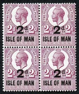 Isle of Man 1921 KGV 2d on 2d Revenue Stamp U/M Block of Four