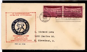 US 858 1939 3 cent Washington/50th Anniversary of Statehood (pair) on  an addressed (typed) First Day cover (w/foxing) and a cac