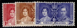 BRITISH VIRGIN ISLANDS GVI SG107-109, 1937 CORONATION set, FINE USED.