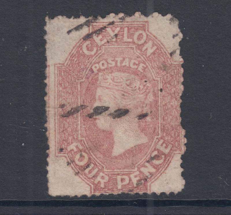 Ceylon SG 30, Sc 27, used. 1861 4p rose red QV, rough perf 15½, sound 