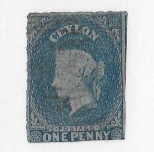 Ceylon Sc #1 1p blue  used with light thins VG