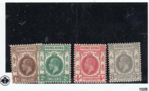 HONG KONG # 129,130,133,135 VF-USED KGV/BROWN/GREEN/ROSE RED/GRAY CAT VALUE $32