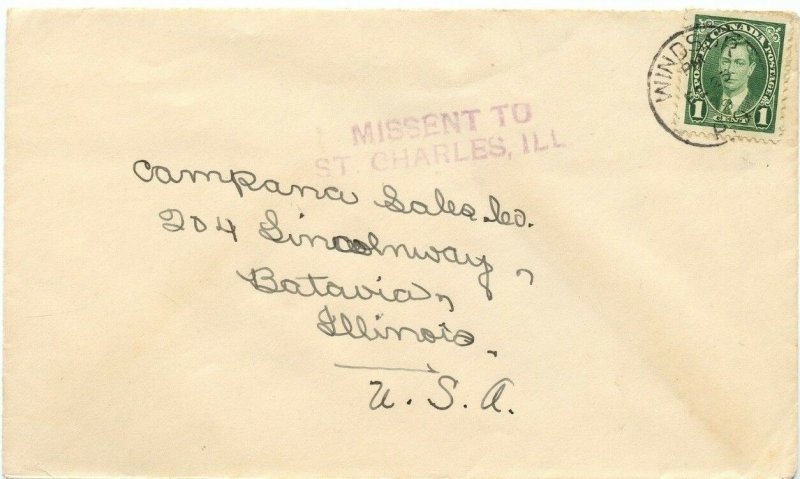 MISSENT TO / ST. CHARLES, ILL.  Windsor 1939 Canada cover