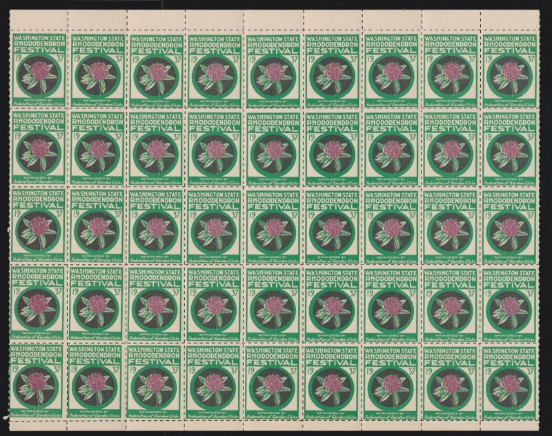 US 1937 Washington State Rhododendron Festival Mint Cinderella Stamp Sheet of 45