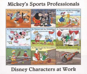 St Vincent - 1996 Disney Mickey Sports Pros - 9 Stamp Sheet - 19J-027