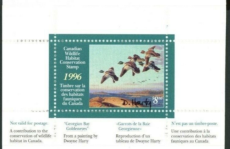 CANADA 1996 DUCK STAMP ARTIST SIGNED IN FOLDER AS ISSUED GOLDENEYES HARTY