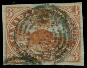 CANADA #4, 3p Beaver, used 4 mgns with interesting PLATE FLAW in 3 upper right