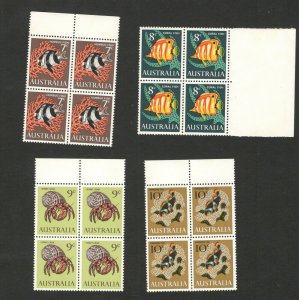 AUSTRALIA-MNH-BLOCK OF 4 STAMPS-MARINE LIFE -FISH, CRAB 1966.