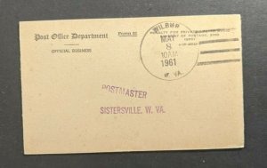 1961 Post Office Department Official Business Postcard Cover Wilbur WV