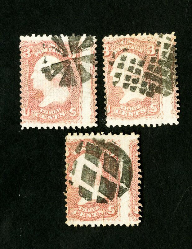 US Stamps # 88 Lot of 3 Freakishly Centered Catalog Value $82.50