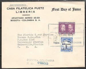 COLOMBIA 1948 3p Caro & Cuervo Issue Sc 569 on FDC w Postal Tax Stamp RA39