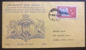 1935 Barbados First Day Cover FDC King George V Silver Jubilee To Lorain OH USA