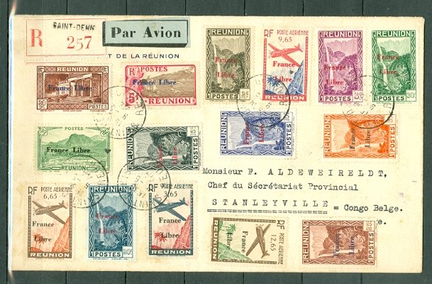 REUNION 1944 RARE FRANCE LIBRE REGST. AIR COVER TO BELGIAN CONGO..INCL. #180