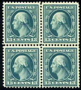 United States, 1904-9 #339 Cat$190, 1909 13c blue green, block of four, hinged