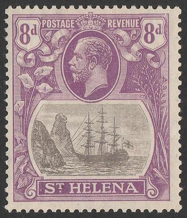 ST. HELENA 1922 KGV Ship 8d grey & bright violet, variety 'cleft rock'.