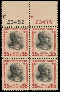 United States #834 Mint nh very fine  top plate block of 4 Cat$325 1938, $5 C...