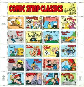 US: 1995 COMIC STRIP CLASSICS; Sheet of 20 - Sc 3000; Popeye, Nancy, Blondie