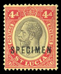 St. Lucia #73S Cat$32.50, 1913 4p scarlet and black, overprinted Specimen, hi...