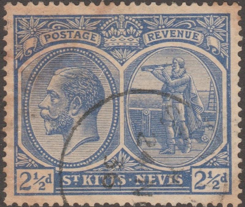 St. Kitts-Nevis, Scott# 43A, used,2 1/2d, blue, Revenue, big stamp, #m476