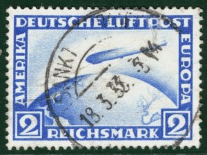 GERMANY Air Mail Stamp Scott.C36 2m Blue ZEPPELIN Used 1933 CDS c$50 2RGREEN59