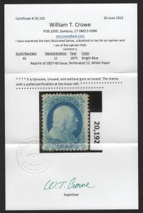 SCOTT #40 - MINT - NGAI F-VF Pulled Perf - w/Crowe Cert. SCV $600  (LB 7/11) 