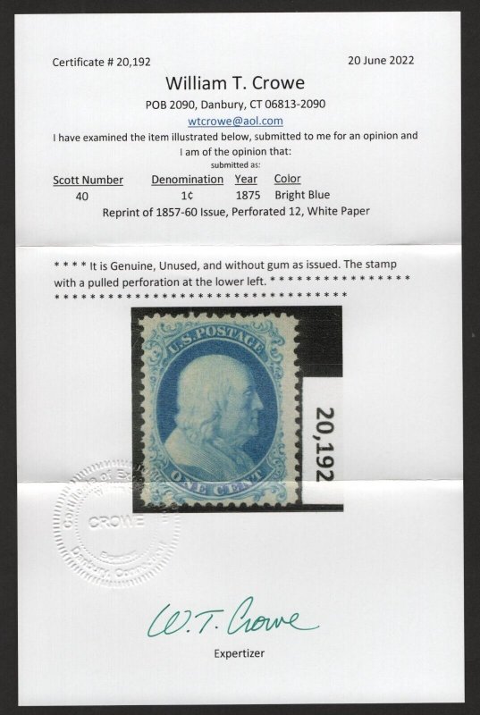 SCOTT #40 - MINT - NGAI F-VF Pulled Perf - w/Crowe Cert. SCV $600  (LB 7/11) 
