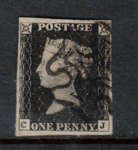 Great Britain #1 Used Fine With Black Maltese Cross Cancel