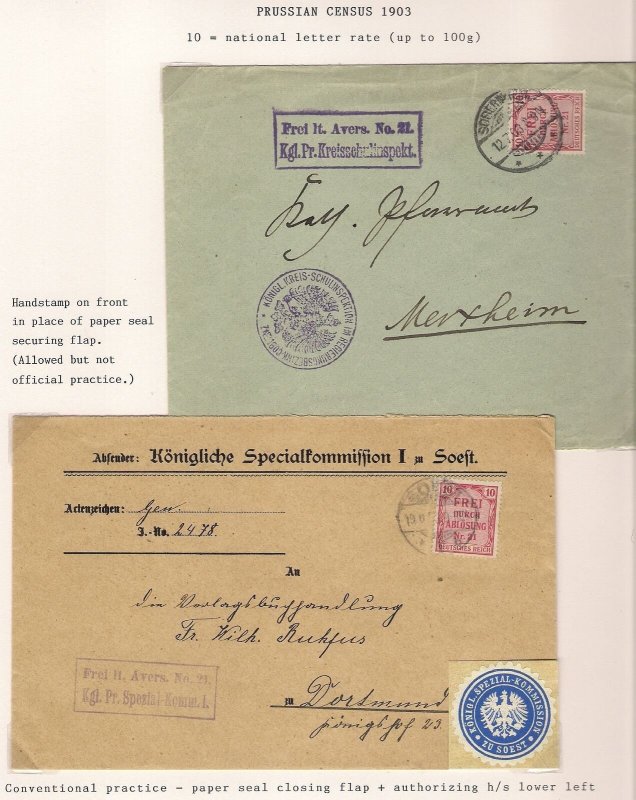 Germany Deutschland PRUSSIA 1903 Census Two Covers FREI Schulinspektion Zu Soest