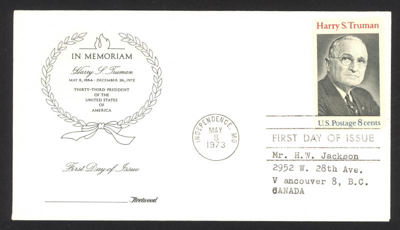 USA Sc#1499 Fleetwood FDC single (b) (Independence,MO) 1973 5.8 Harry S. Truman