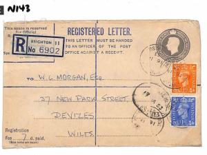 N143 1953 GB SUSSEX *Brighton* Registered KGVI FRANKING Stationery Cover Devizes