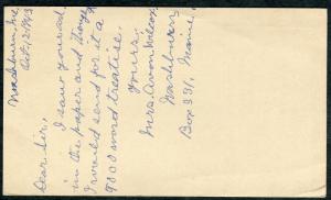 Postcard - Washburn ME TO Los Angeles CA - OCT 13 1943 COL-G1W CANCEL - S6404