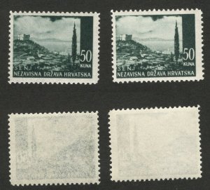 CROATIA - NDH - 2 MNH STAMPS, 50 kuna - DIFERENT COLOR - 1941/42/43.