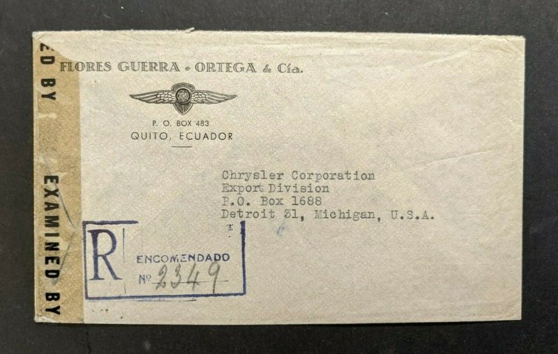 1945 Quito Ecuador Dodge Automobiles Registered Censored Cover to Detroit MI