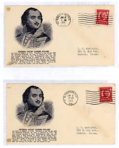 US 690 1931 2c Pulaski on two addressed (typed) FDCs with matching cachets and different city cancels: South Bend, IN and Savann