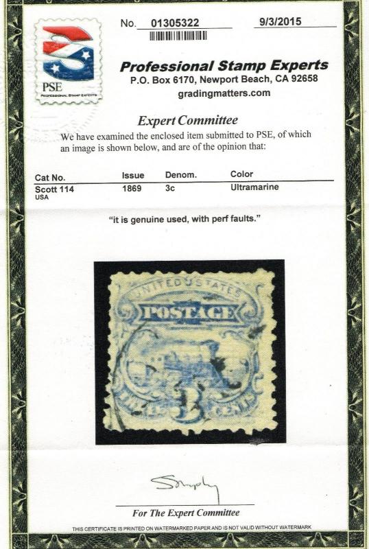 US Sc #114 Used  W/Cert