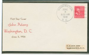 US 806 1938 2c John Adams (presidential/prexy series) single on an addressed (label) first day cover with a Louis Nix cachet.