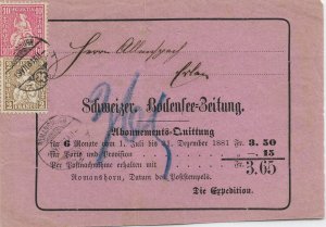 Swiss Sc #60 & 62 on a 1881 Romansborn Receipt (50275)