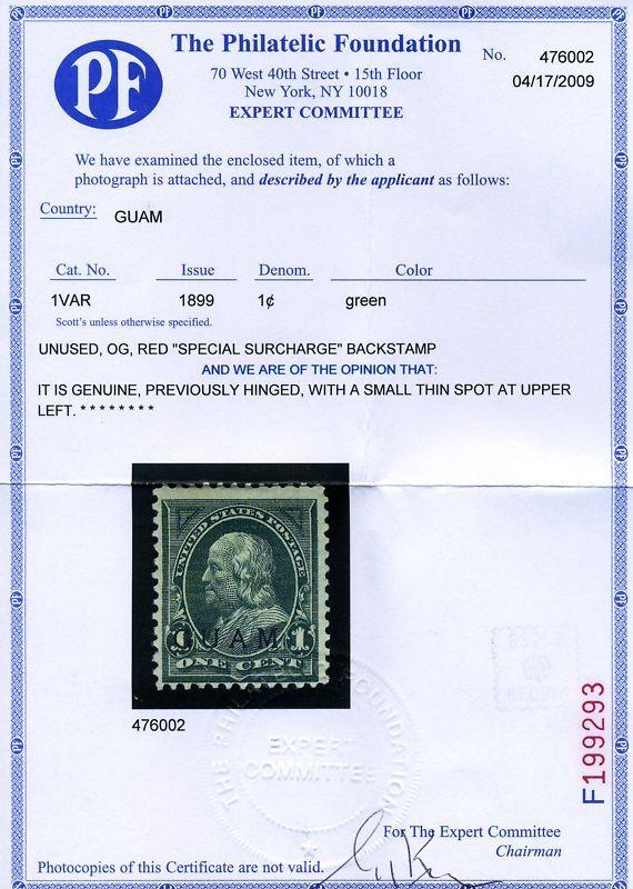 Guam Scott 1 Overprint Mint Stamp Special Printing w/PF Cert (Guam 1-pf1)