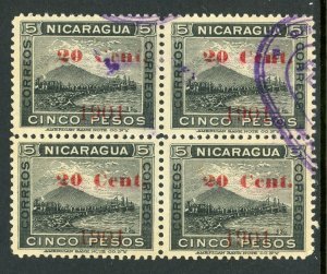Nicaragua 1902 Momotombo 20¢ on 5P Black Sc # 151 Block of 4 VFU Y801
