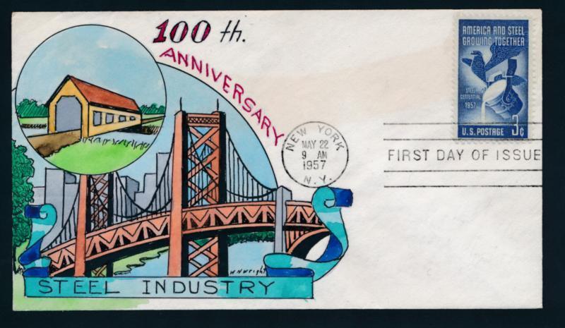 U.S. 1090 Wm. Wright hand painted FDC,Steel, bridge