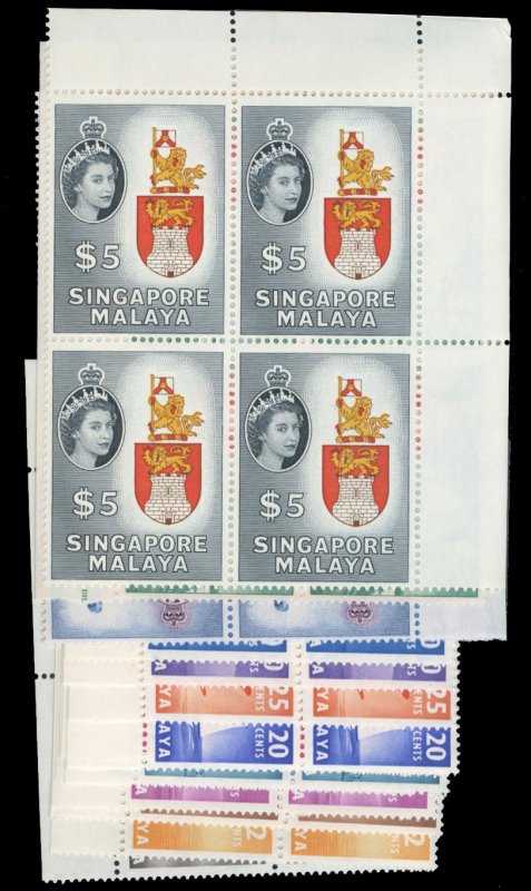 Malayan States - Malacca #28-42 Cat$625.60, 1955 QEII, complete set in blocks...