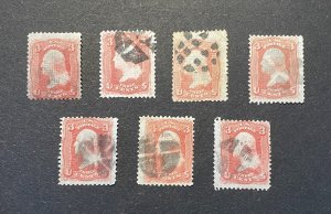 *7 used copies of US Stamp #94, F Grill, mixed condition