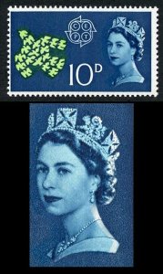 SG628 1961 10d CEPT with Colour Shift on Queens Head (White at Right) U/M